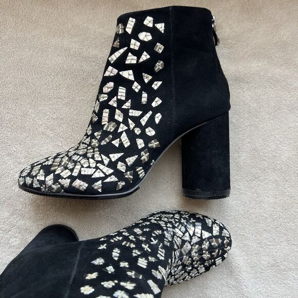 Bywin Black Suede Block Heel Ankle Booties Mirror Like Accents Women US 6.5  Zip - Picture 16 of 16